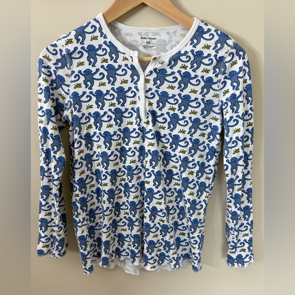 Roller Rabbit Monkey Pajama Long Sleeve Top Blue Size XS